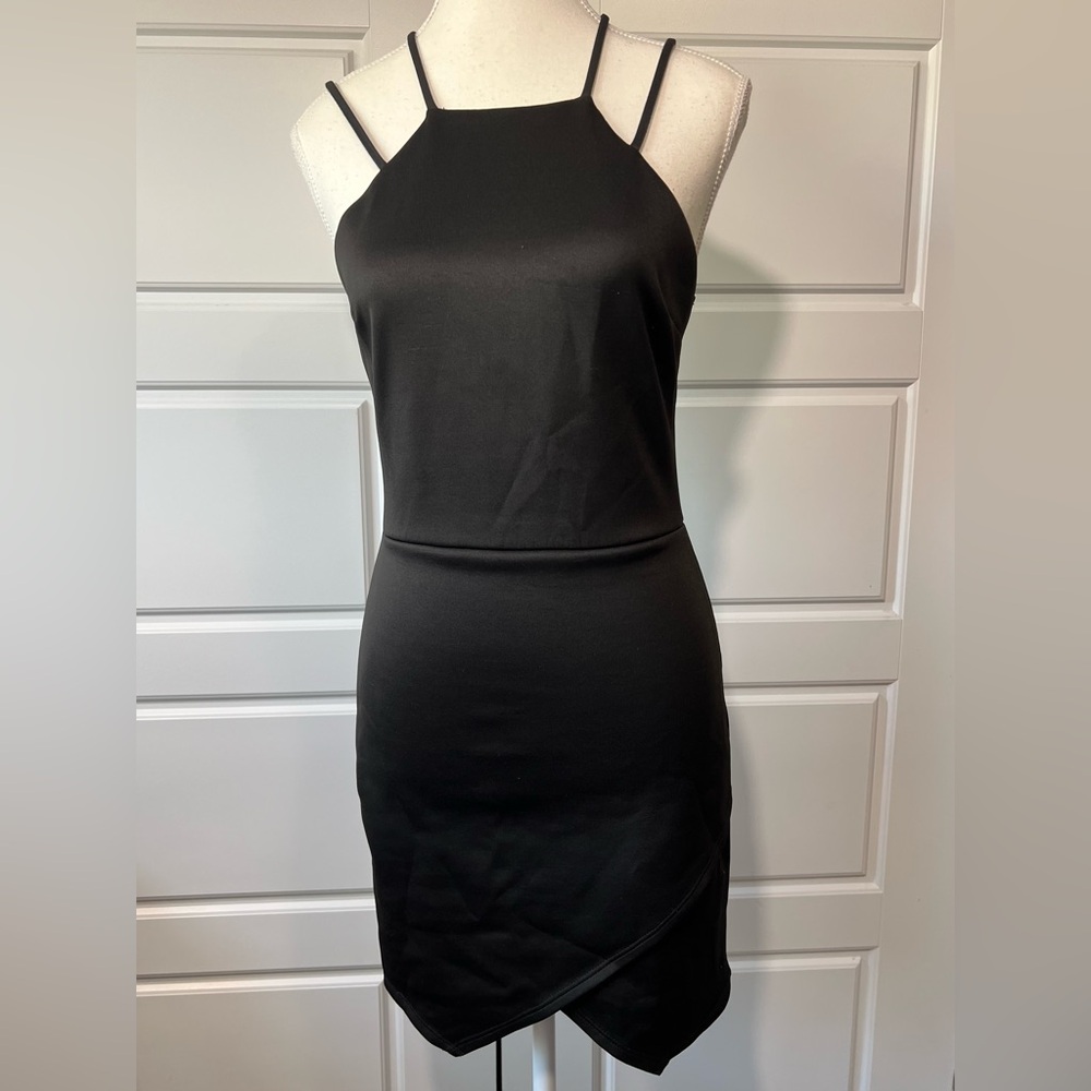 Charlotte Russe Sleek Black Mini Dress Double Strap Halter Neck Bodycon Medium